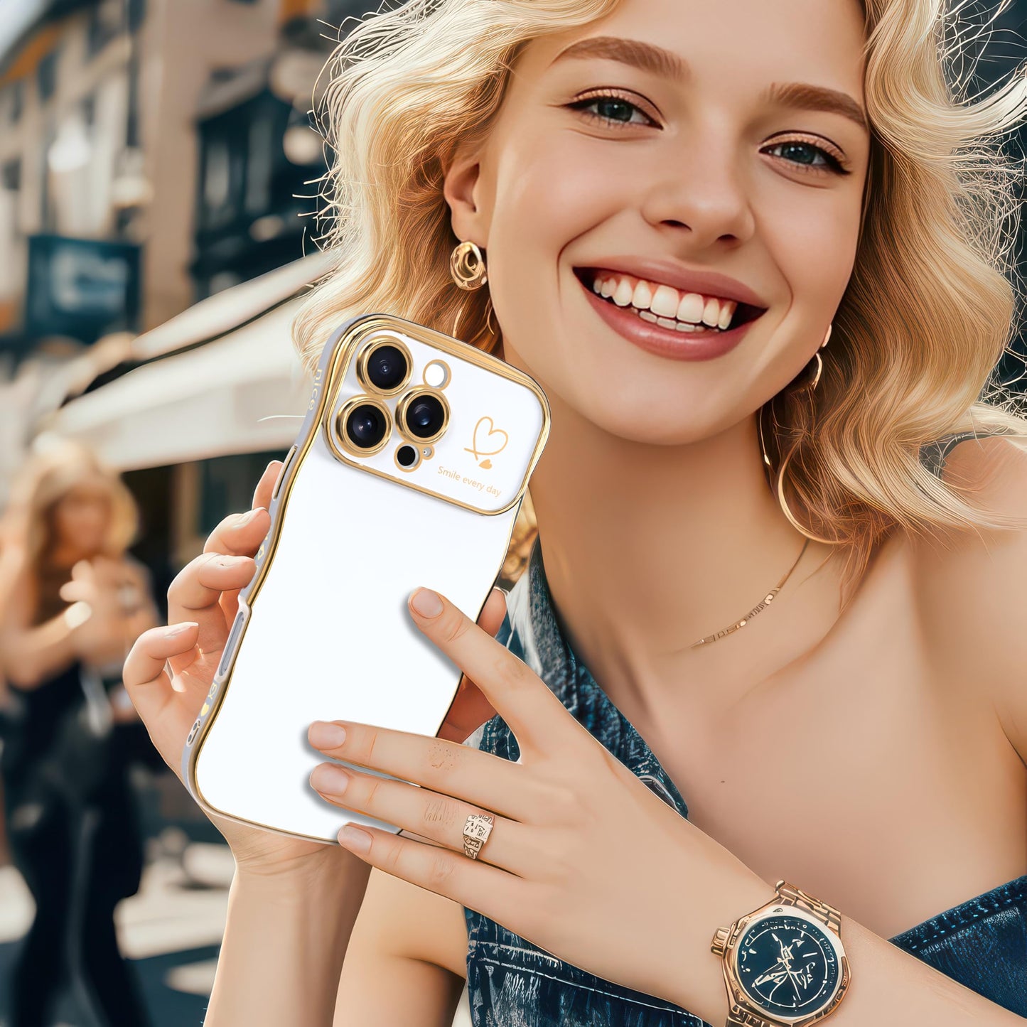 IAIYOXI for iPhone 13 Case for Women & Girls - Cute Wave Design with Curly Shape, Heart Pattern, Raised Camera Protection, Luxury Plating