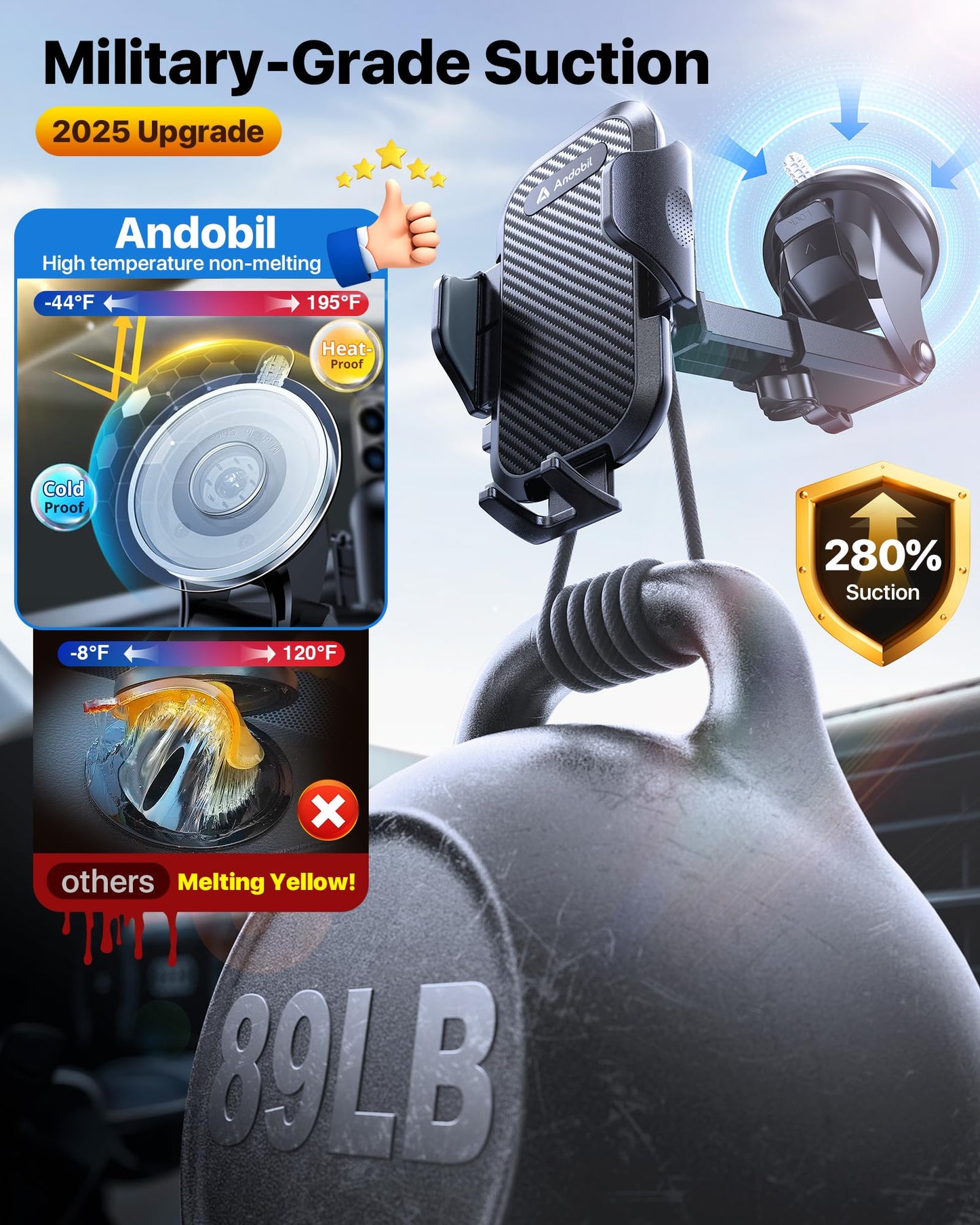 andobil Car Phone Holder, 2026 Military-Grade 89lbs Strongest Suction Phone Holders for Your Car Dashboard/Windshield/Vent Easy Clamp Car Phone Mount