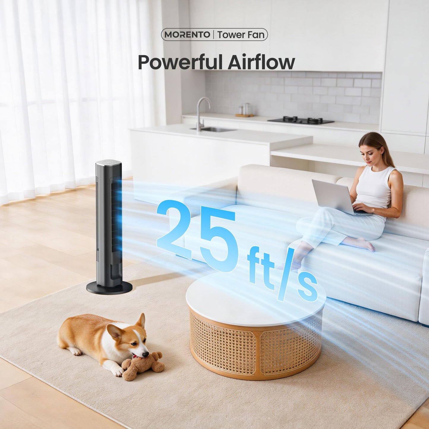 MORENTO Smart Tower Fan with Remote, WiFi/App/Voice Control, 25dB, Black