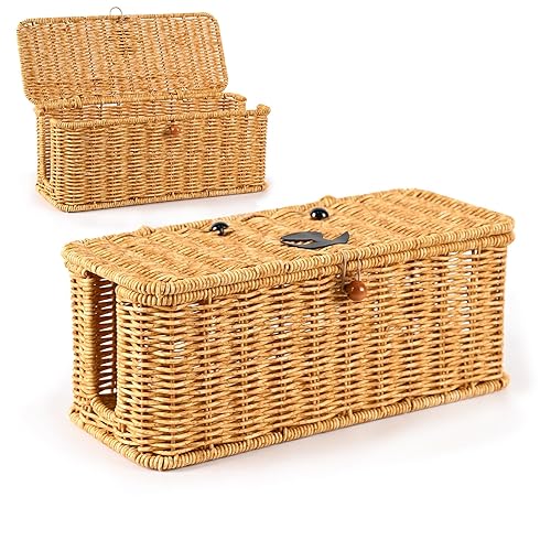 Cord hider box,Imitation rattan cable management organizer storage box with lid 2 open slots extension cord keeper charging basket cover under desk