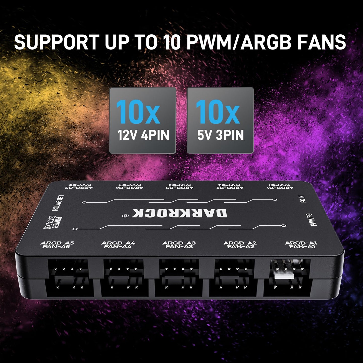 DARKROCK 20-Port PC Case Fan Hub with Remote Control, Dual SATA Port Powered 10-Port 3-Pin ARGB Light and 10-Port 4-Pin PWM Fan Speed Controller