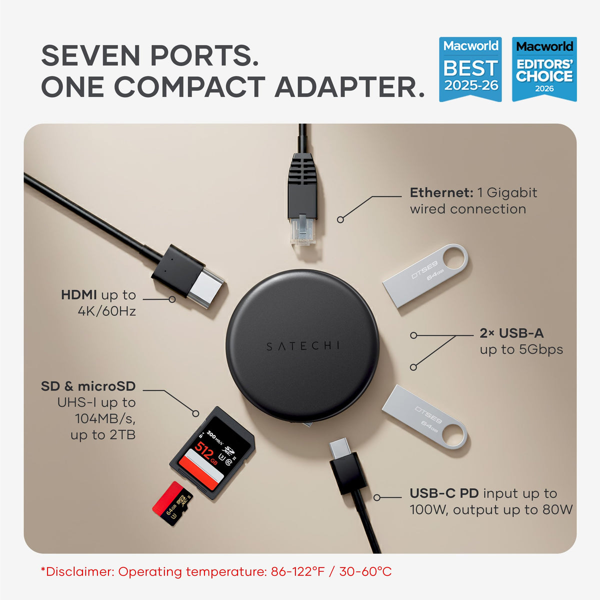 Satechi OntheGo 7-in-1 USB-C Hub, 4K/60Hz HDMI, 100W PD, Space Black