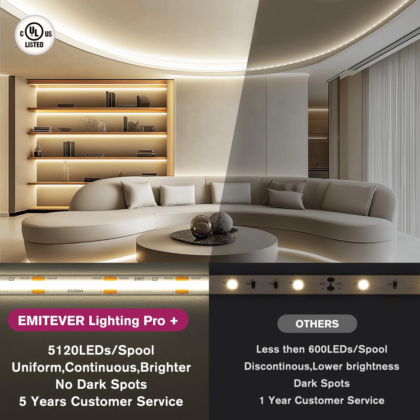 EMITEVER COB LED Strip Lights Neutral White, 4000K Tape Light Premium High Density, DC 24V, 360+Lumens/ft, 5120LEDs/Spool,Ra 90+,32.8ft/10m,UL Listed