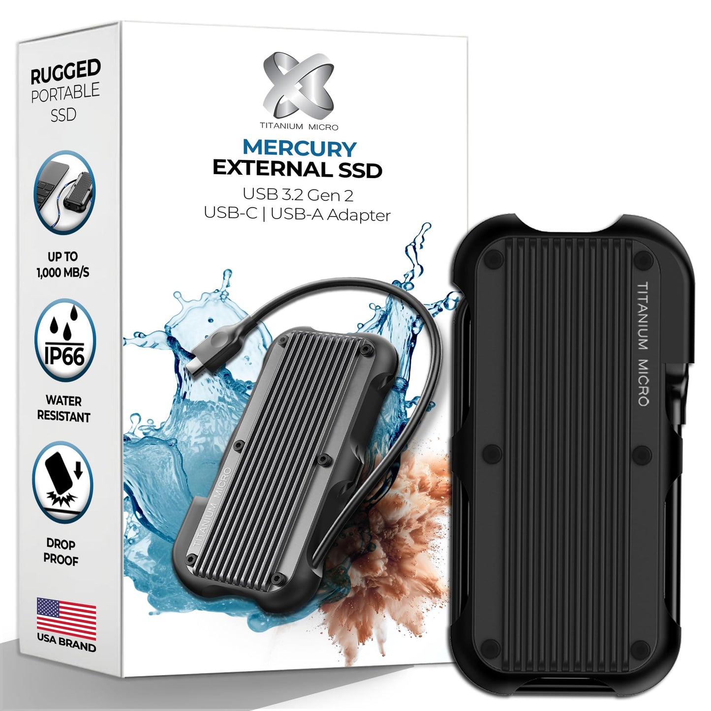 Titanium Micro External SSD 500GB - Mercury Portable SSD, Up to 1000MB/s, USB 3.2 Gen 2 USB-C USBA, Rugged IP66 Water Resistance, Drop Proof, External