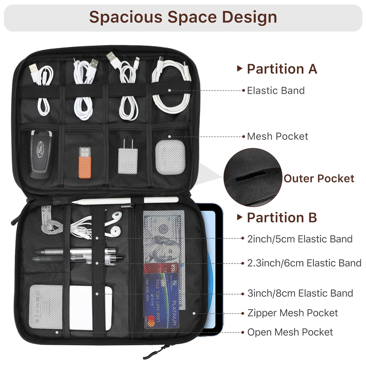 Dadanism Electronics Travel Organizer Case, Double Layers Cord Organizer Travel All-in-One Storage Bag for Cable, Cord, iPad, Chargers, fits 9-11''