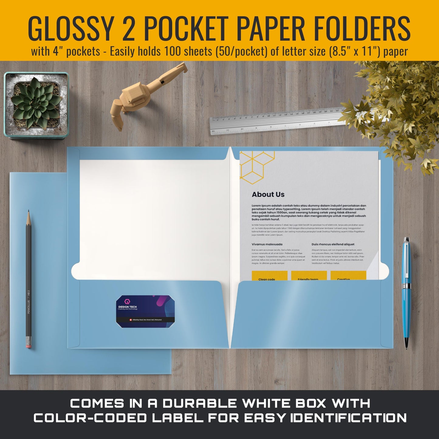 Better Office Products 2 Pocket Glossy Laminated Light Blue Paper Folders, Letter Size, Lt. Blue Paper Portfolios Box of 25 Light Blue Folders