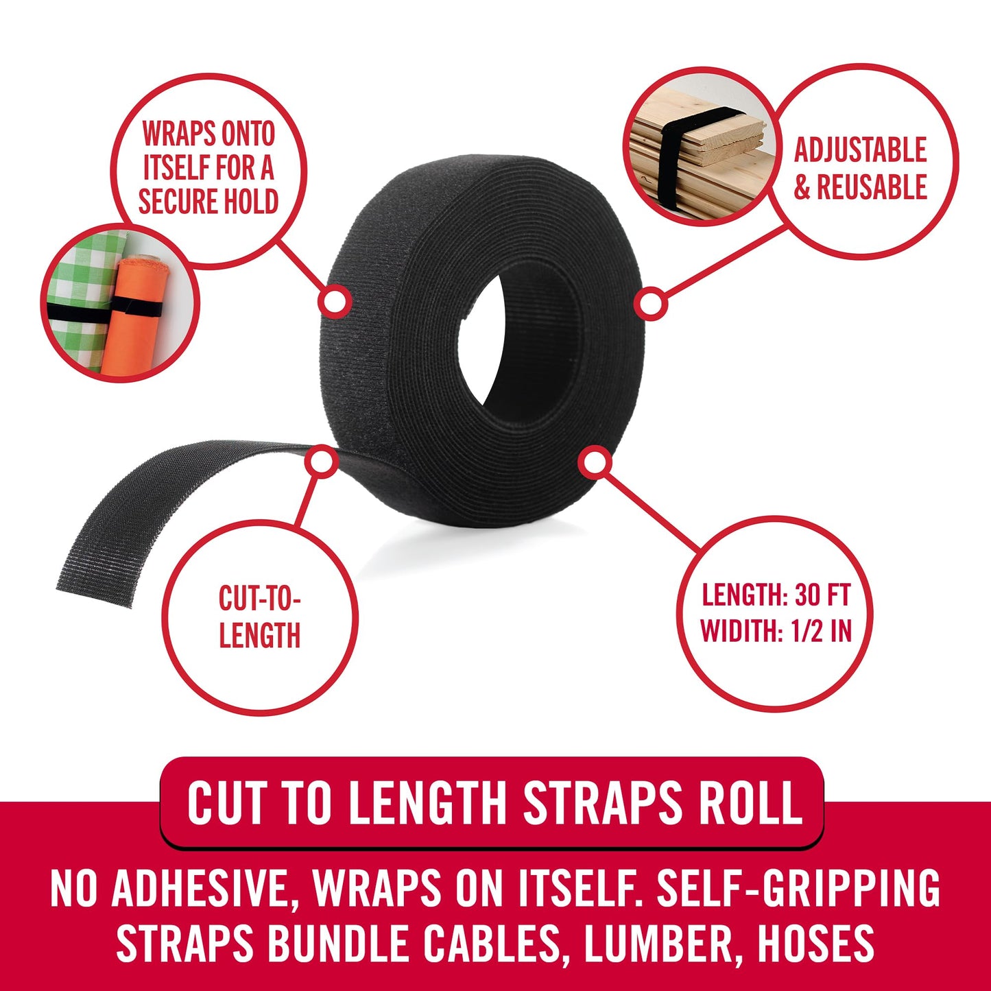 VELCRO Brand VEL-30765-AMS Extra Narrow Straps 1/2 in x 30ft Roll | Cut to Length Reusable Self-Gripping Tape | Organize and Bundle Electric Cords