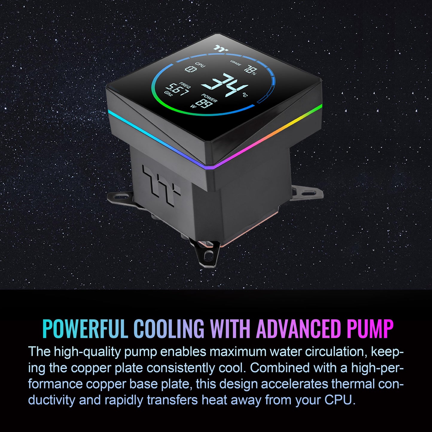 Thermaltake TH240-S V3 ARGB CPU Liquid Cooler; Intel/AMD; 1x240mm 500~2500rpm Single Frame ARGB Fan; 3.95" Segment Code LCD; Rotatable Pump Head; TT