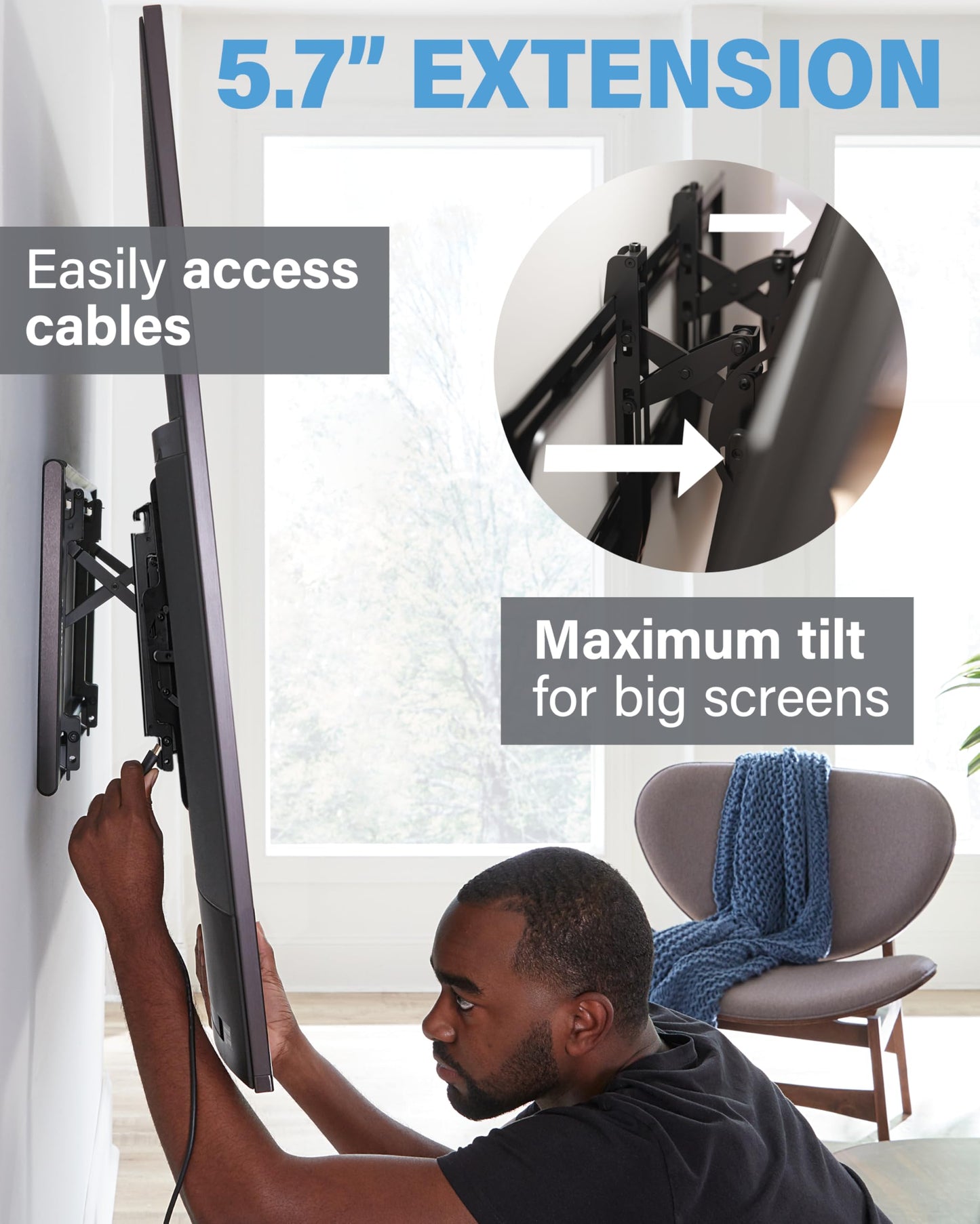 SANUS Preferred Extendable Tilt TV Wall Mount for 42 to 90 inch Screens up to 150lbs - 5.7” Extension Provides Max 12 deg Tilt to Reduce Glare - Easy