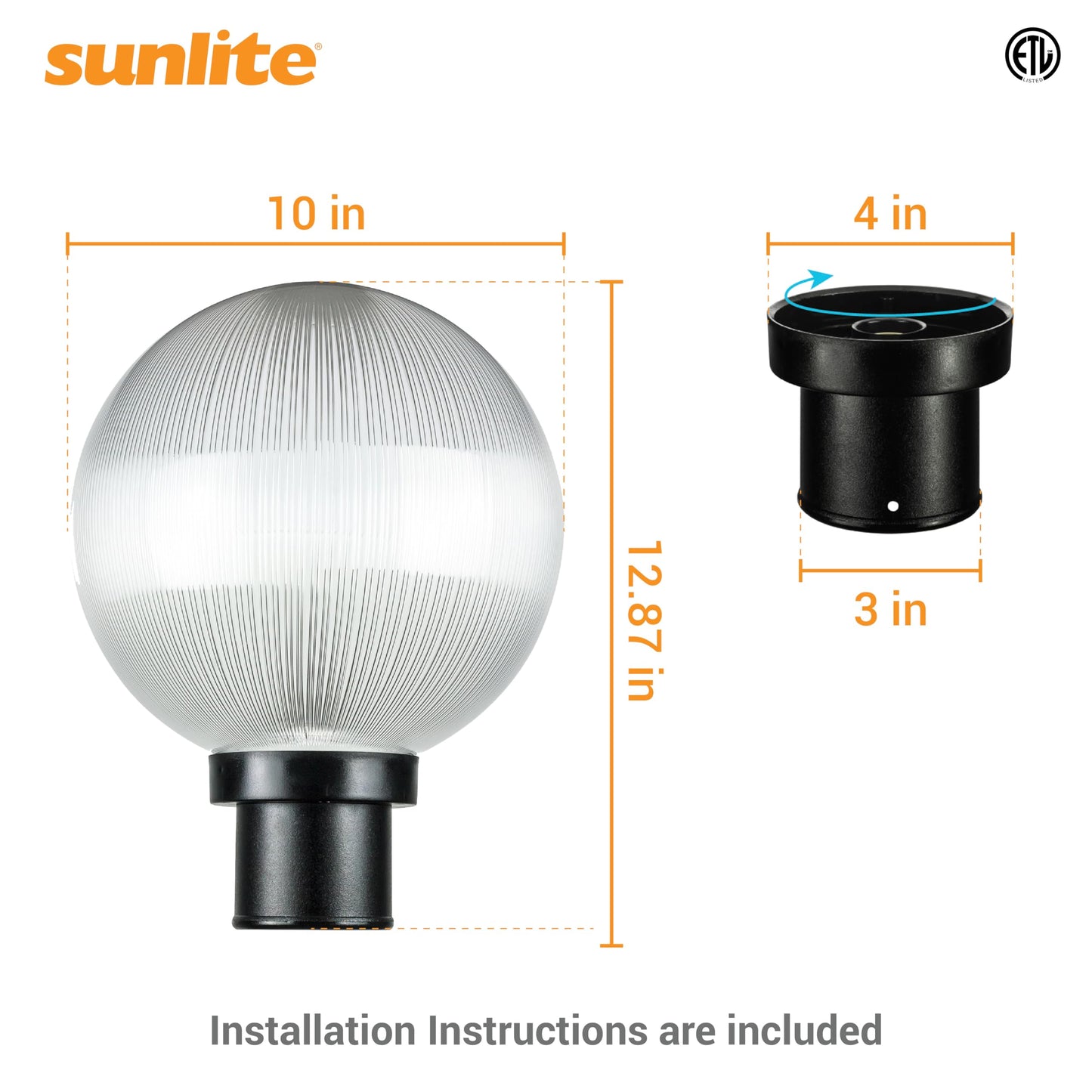 Sunlite 47246 10" Post Mount Globe Light Fixture, 1 Medium Base (E26) Socket (60W Max. A19 Bulb Not Included), UV Resistant Materials, ETL Listed