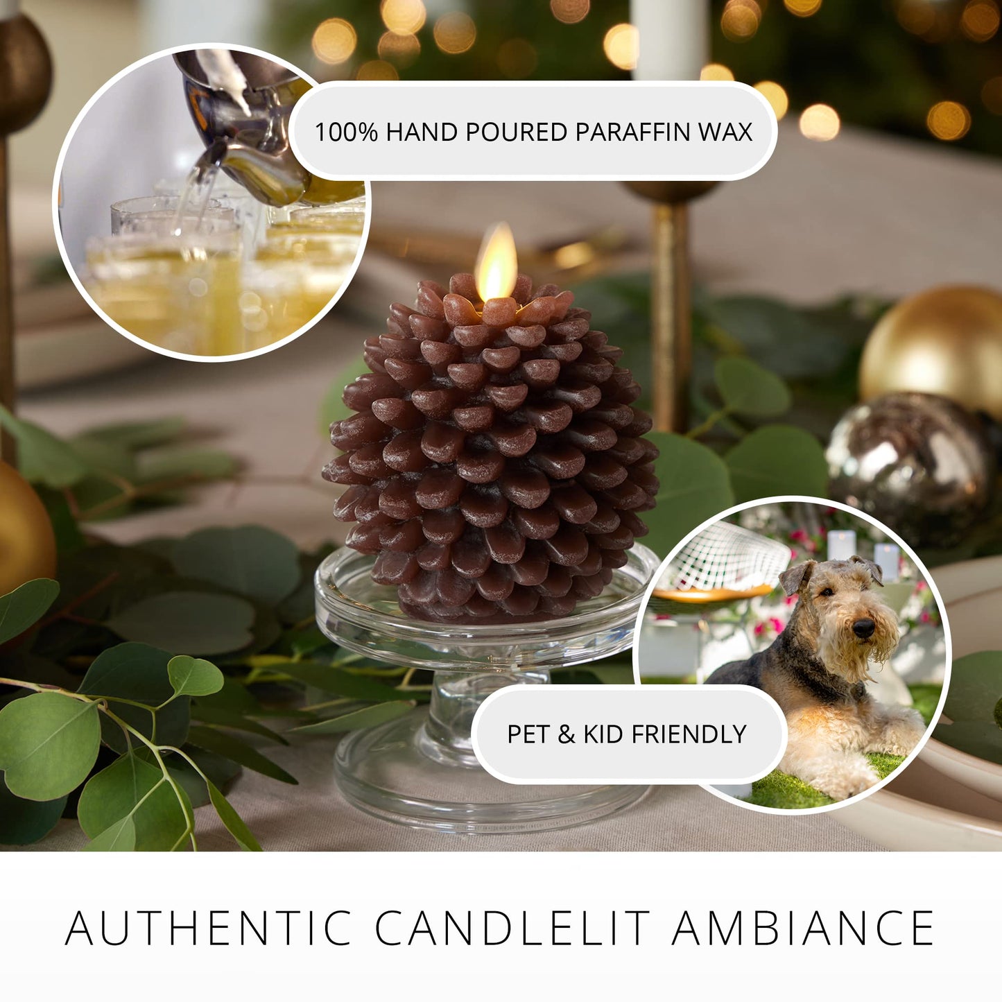 Luminara Pinecone Flameless Candles Chalky Brown Finish Pine Cone Figural, Real Wax Unscented LED Candles, Battery Operated with Timer, Holiday
