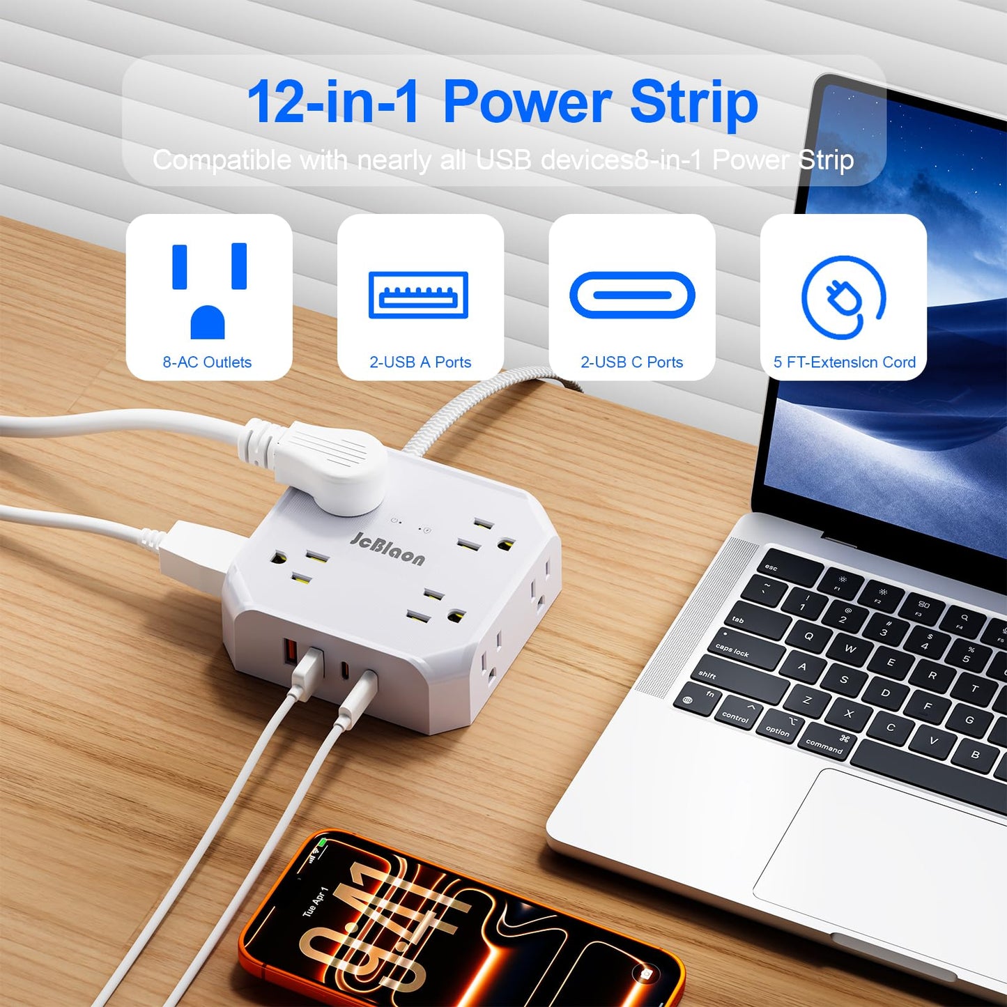 Surge Protector Power Strip, 8 Outlets with 4 USB Ports(2 USB C), 4-Sided 1050J Outlet Extender with 5FT Flat Extension Cord for Travel, Home, School