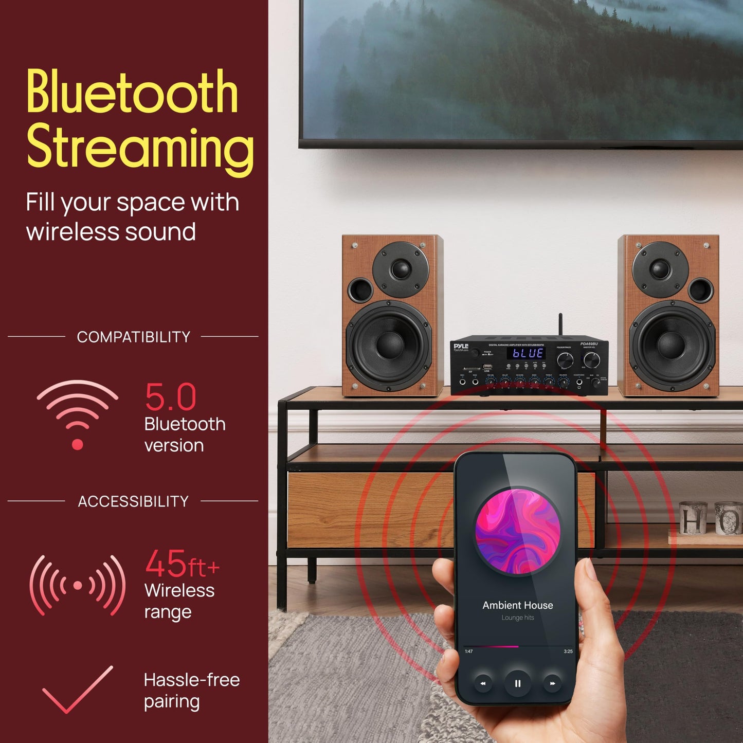 Pyle Home Karaoke Amplifier Receiver with Bluetooth Streaming, 200 Watt Peak, Dual Mic Inputs with Delay and Reverb, 2.0 Channel Hi Fi Sound System