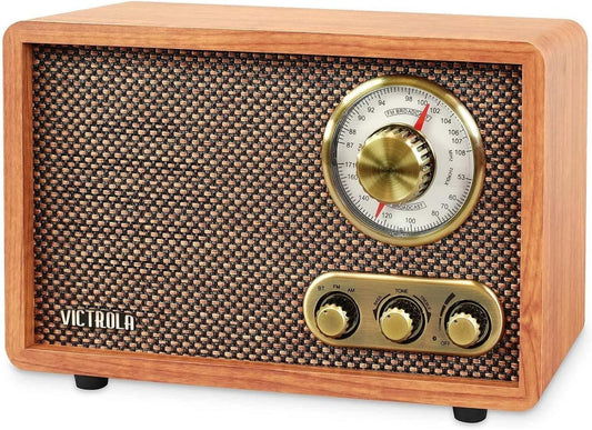 Victrola Willow - Retro Wood Bluetooth Radio with Built-in Speakers: Elegant & Vintage Design, Rotary AM/FM Tuning Dial, Bass & Treble Control