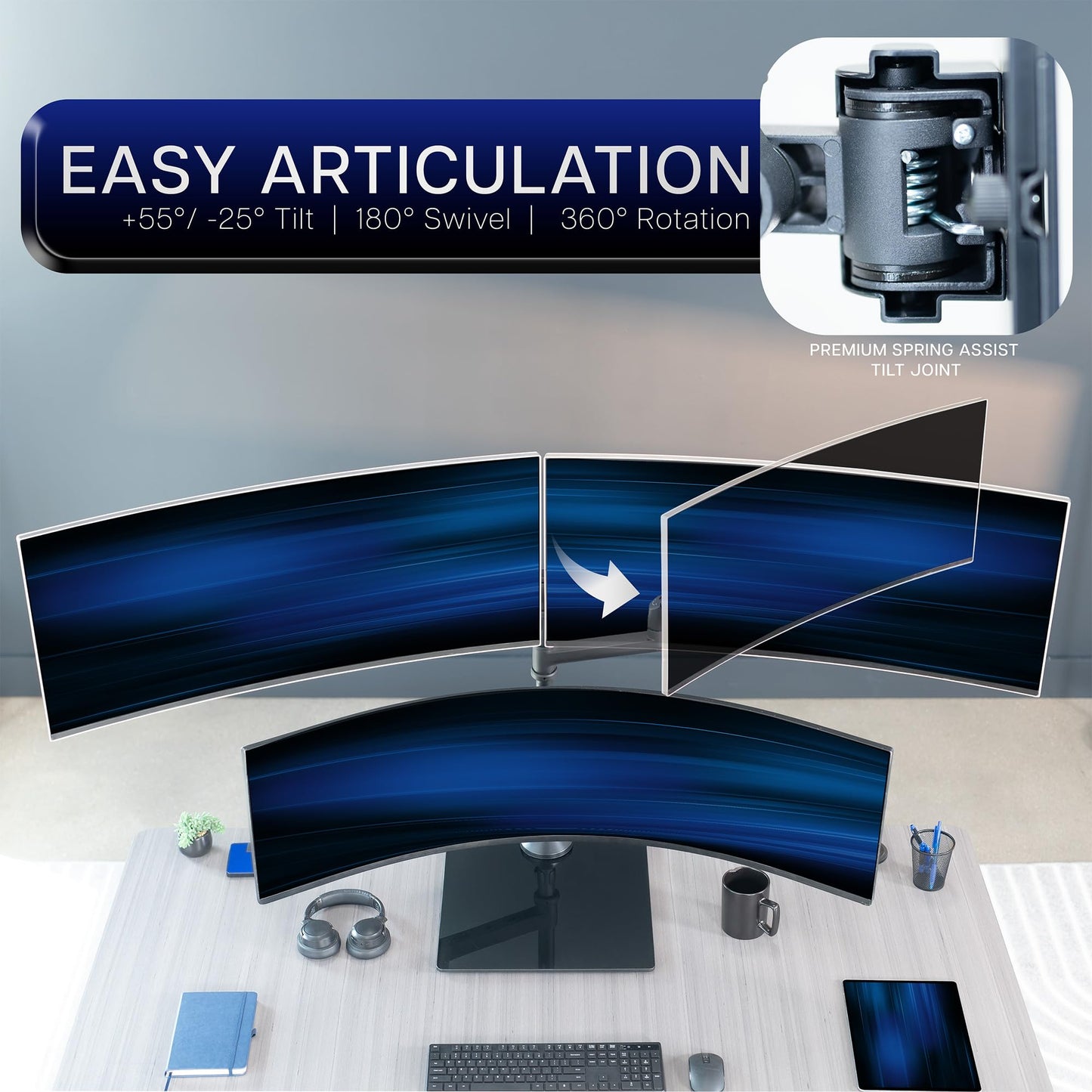 VIVO Pneumatic Arm Triple Ultrawide Monitor Desk Stand for Up to 49 inch Screens with Tempered Glass Base, Holds 3 Ultra Wides Up to 33 lbs Each