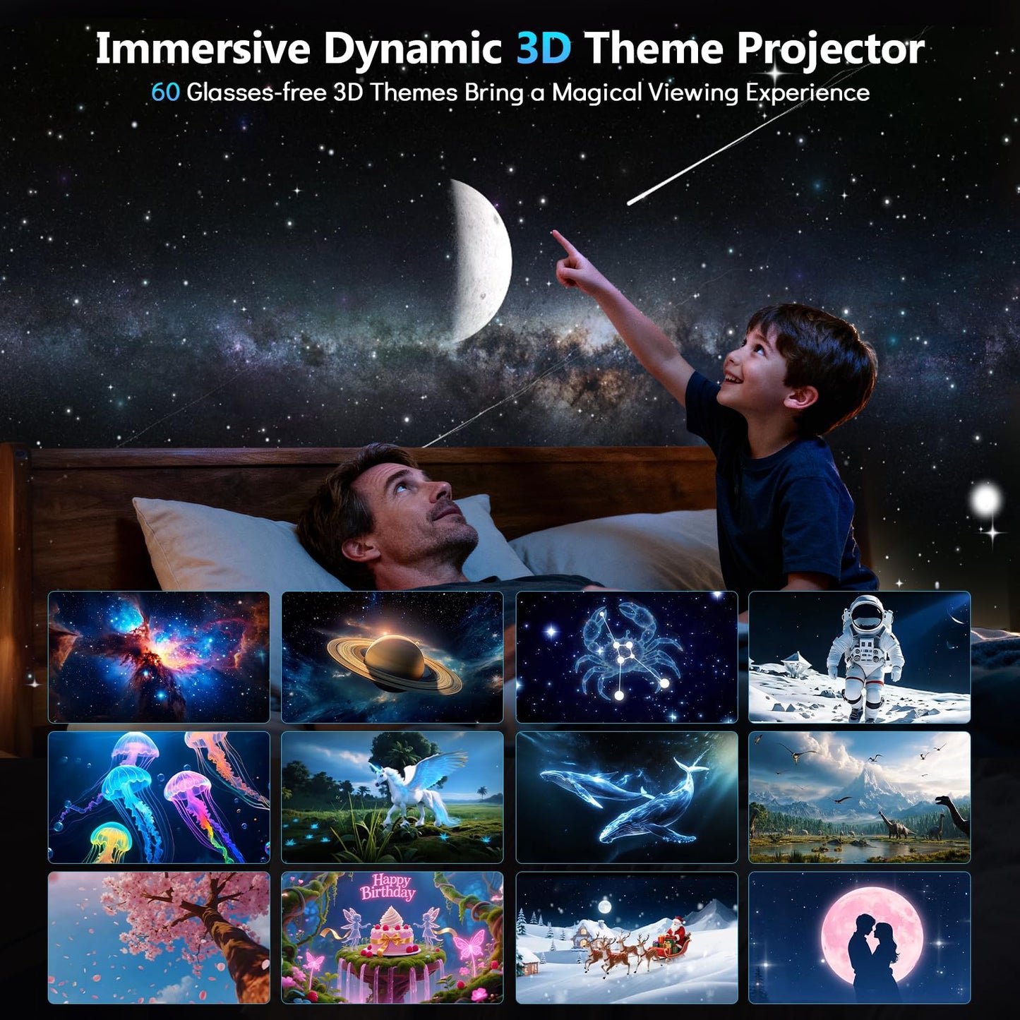 Rossetta 3D Projector, 60 Themes HD 3D Galaxy Projector with Bluetooth Speaker & Remote, 1H/2H Timer, Space Projector Night Light for Kids Bedroom
