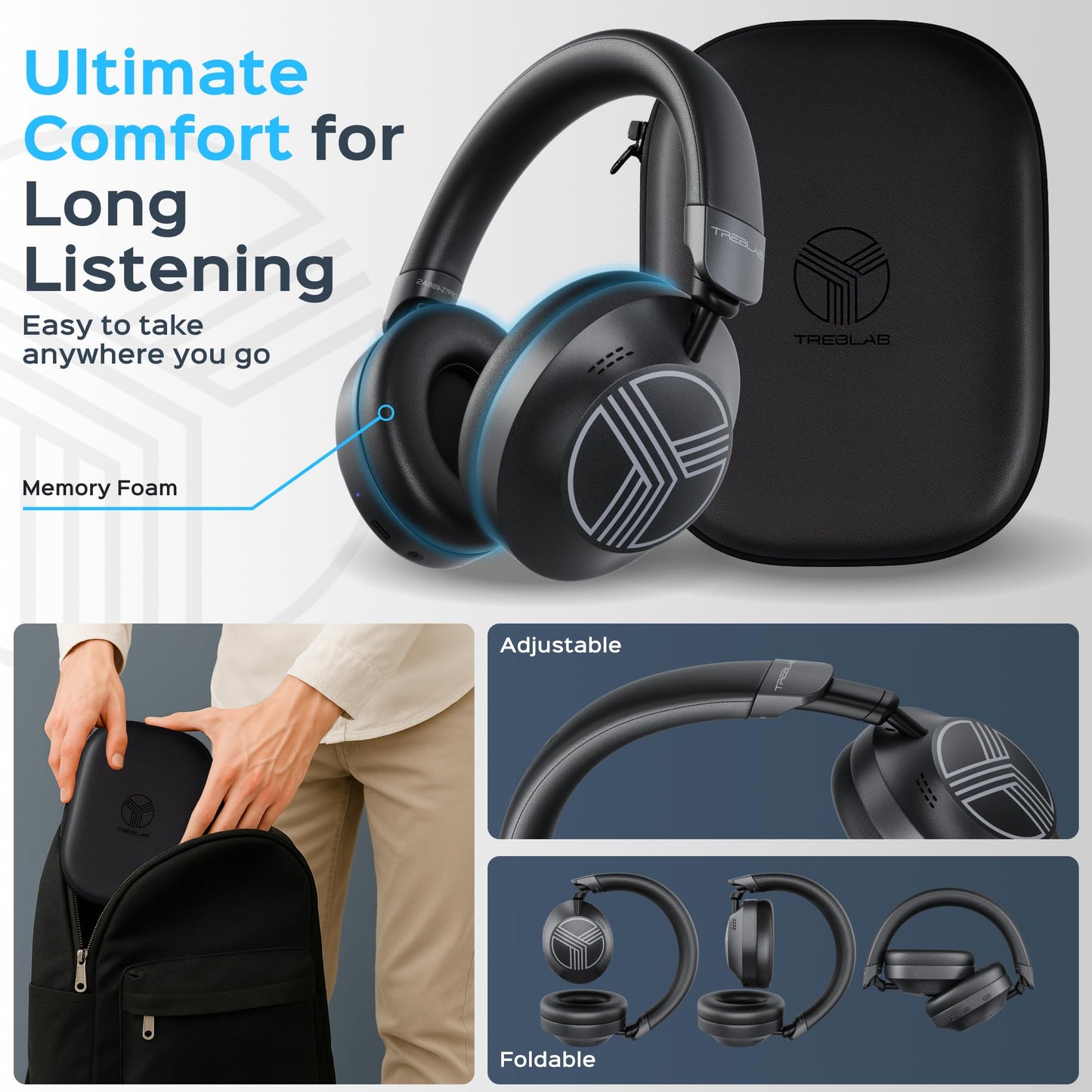 TREBLAB Z7-Pro Wireless Headphones Noise Cancelling, Hybrid Active ANC Over-Ear Bluetooth 5.3 Headphones, 100% ANC, 30-38H Playtime, 65ms Gaming…