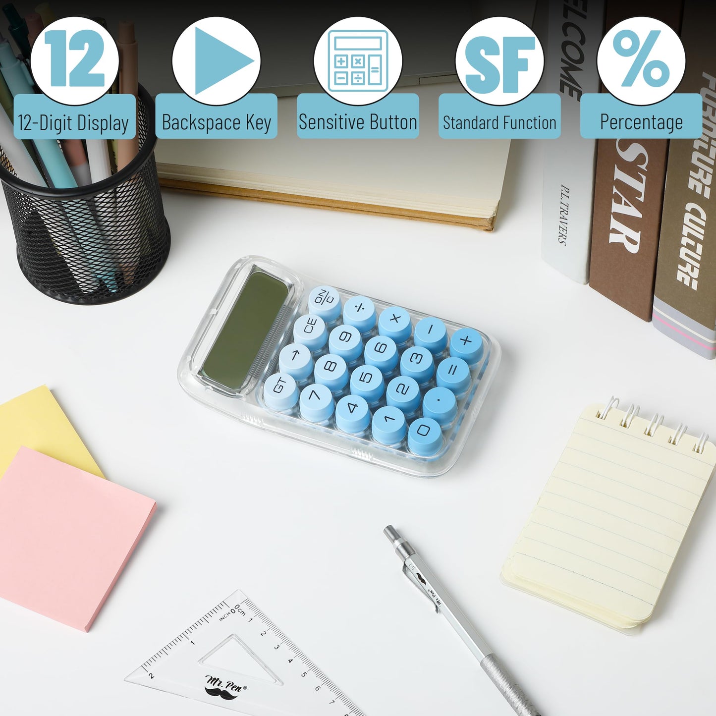 Mr. Pen- Mechanical Switch Calculator, 10 Digits, Blue Calculator, Transparent Body, Large LCD Display, Big Buttons