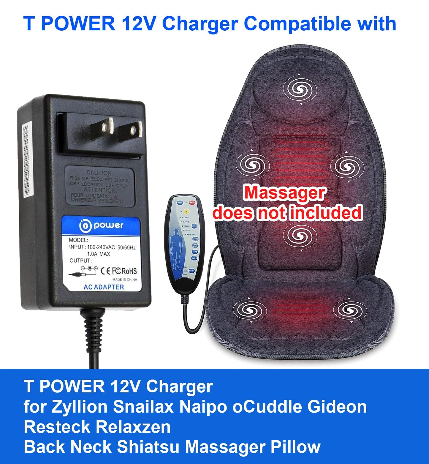 T POWER 12V Charger for Zyllion Snailax Naipo oCuddle Gideon Resteck Relaxzen TruMedic Back Neck Shiatsu Massager Pillow ZMA-25, ZMA-19, ZMA-13 Ac Dc…