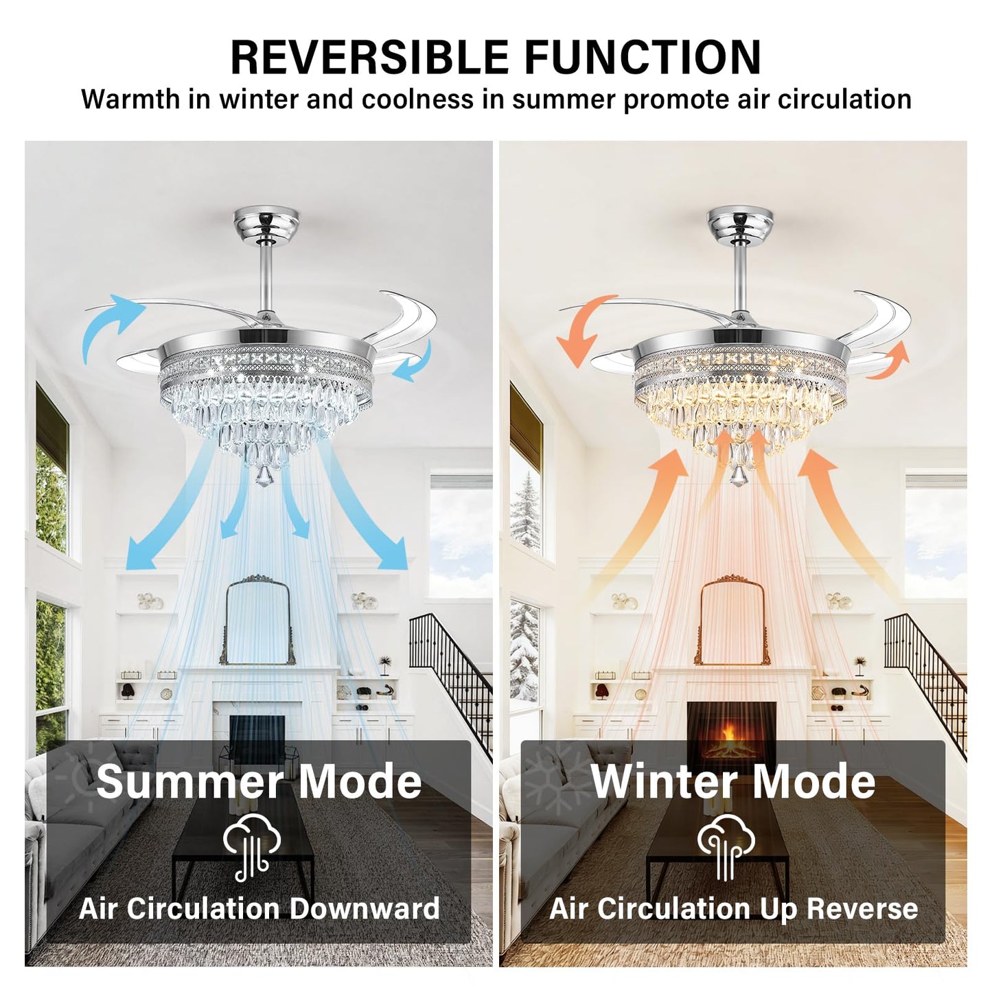 Baotree 42''Fandelier Ceiling Fan with Light and Bluetooth Speaker, Crystal Fandelier Ceiling Fan for Bedroom Living Room, Dimmable LED, Remote