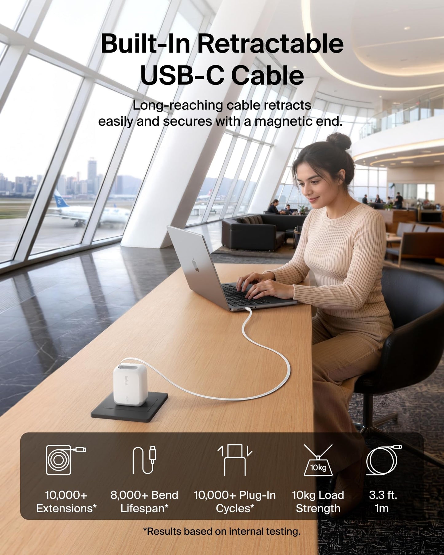 Belkin USB C Retractable Wall Charger, 67W Max GaN Fast Charging Block w/Built-in, Extra-Long 3.3ft Retractable Cable - iPhone Charger for iPhone