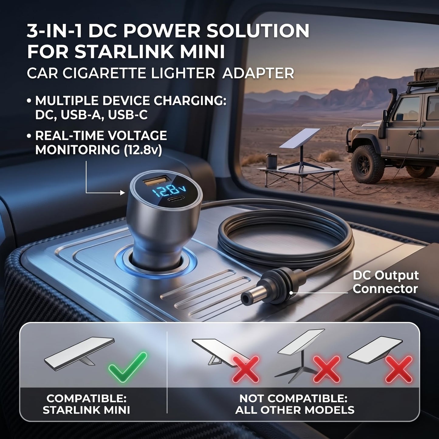 Starlink Mini 10FT Car DC Power Cable, 12V Cigarette Lighter Charger with USB-C & USB-A Dual Ports, Portable Power Adapter for RV Truck Boat SUV