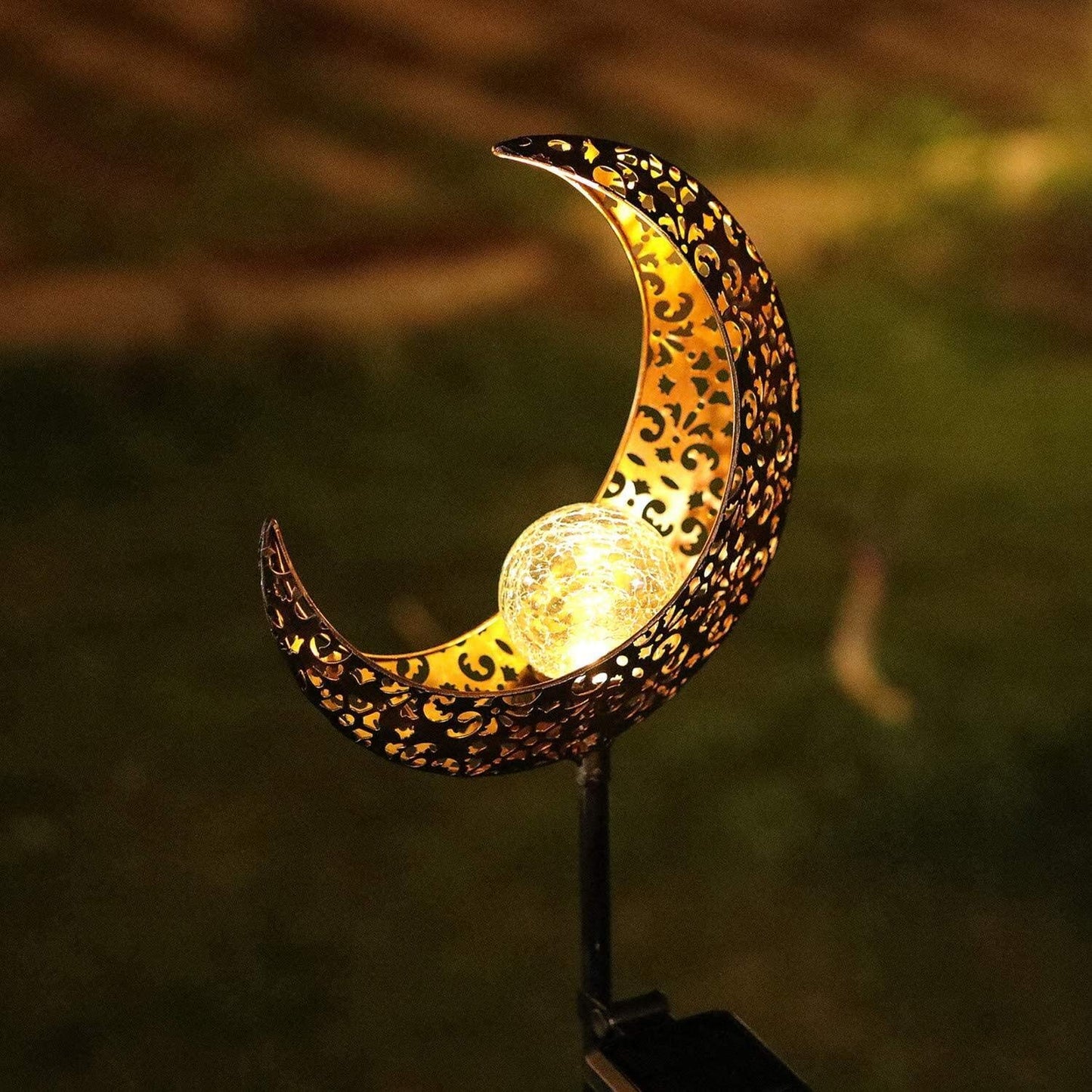 HDNICEZM Solar Garden Light Outdoor Decorative, Moon Decor Crackle Glass Globe Garden Stake Metal Lights?Waterproof Warm White LED for Pathway, Lawn