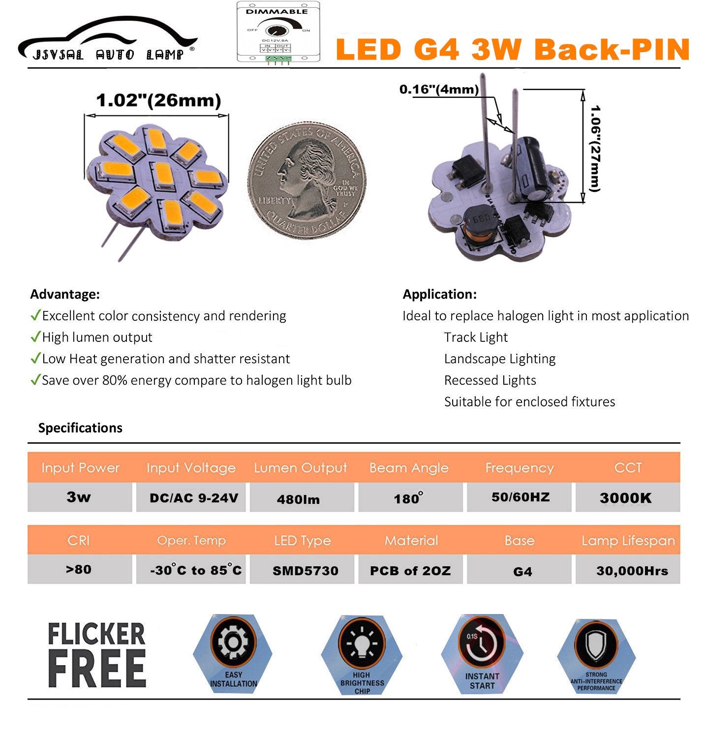 JSVSAL G4 Back Pin LED Bulb, 3W 9-24V,Warm White 3000K,10-Pack