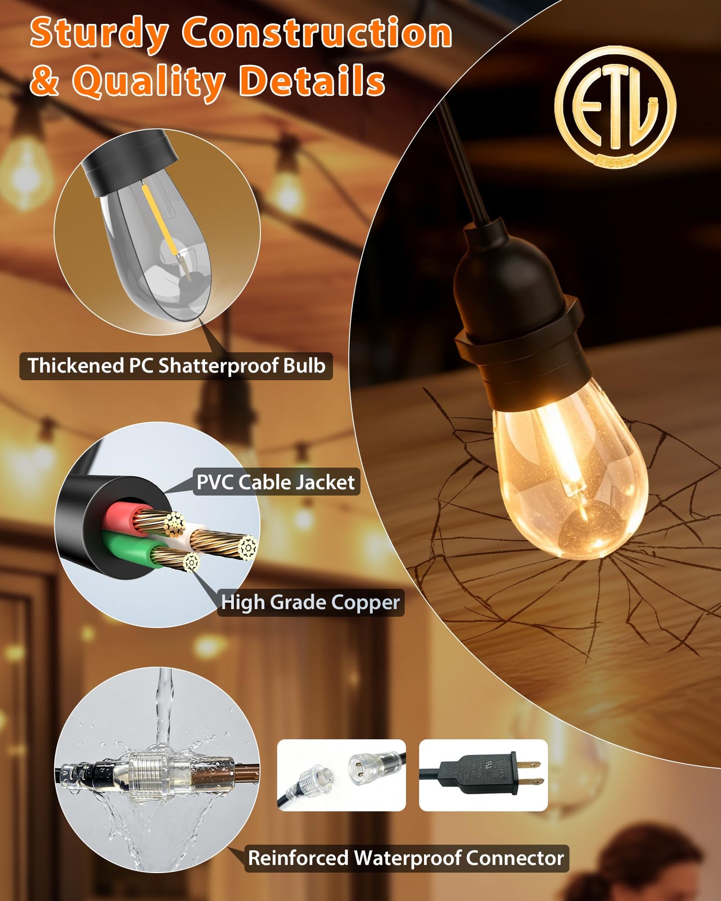 Outdoor String Lights With Lighted Tubing 24 ft, Commercial Grade String Lights with 13 (12+1spare) S14 Edison Bulbs & 72-LED Lighted Tubing, IP65