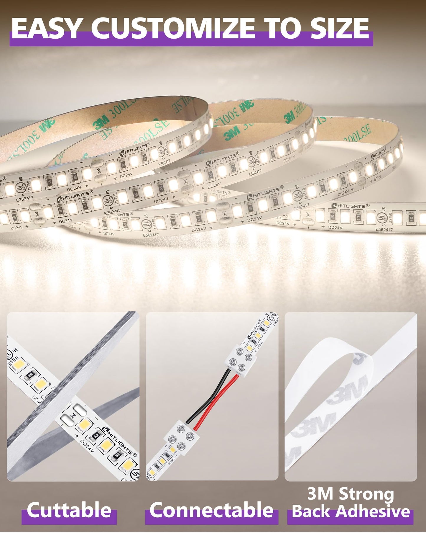HitLights LED Strip Lights Neutral White 4000K, 16.4ft Premium High Density 24V Tape Light, 600 LEDs, 426 LM/FT, CRI 90+, IP30, Lighting for Kitchen