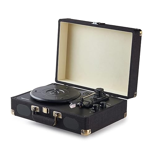 Amazon Basics Portable Suitcase Vinyl Turntable Record Player with Built-in Stereo Speakers, Belt Drive, 3-Speed, Bluetooth Playback, Black
