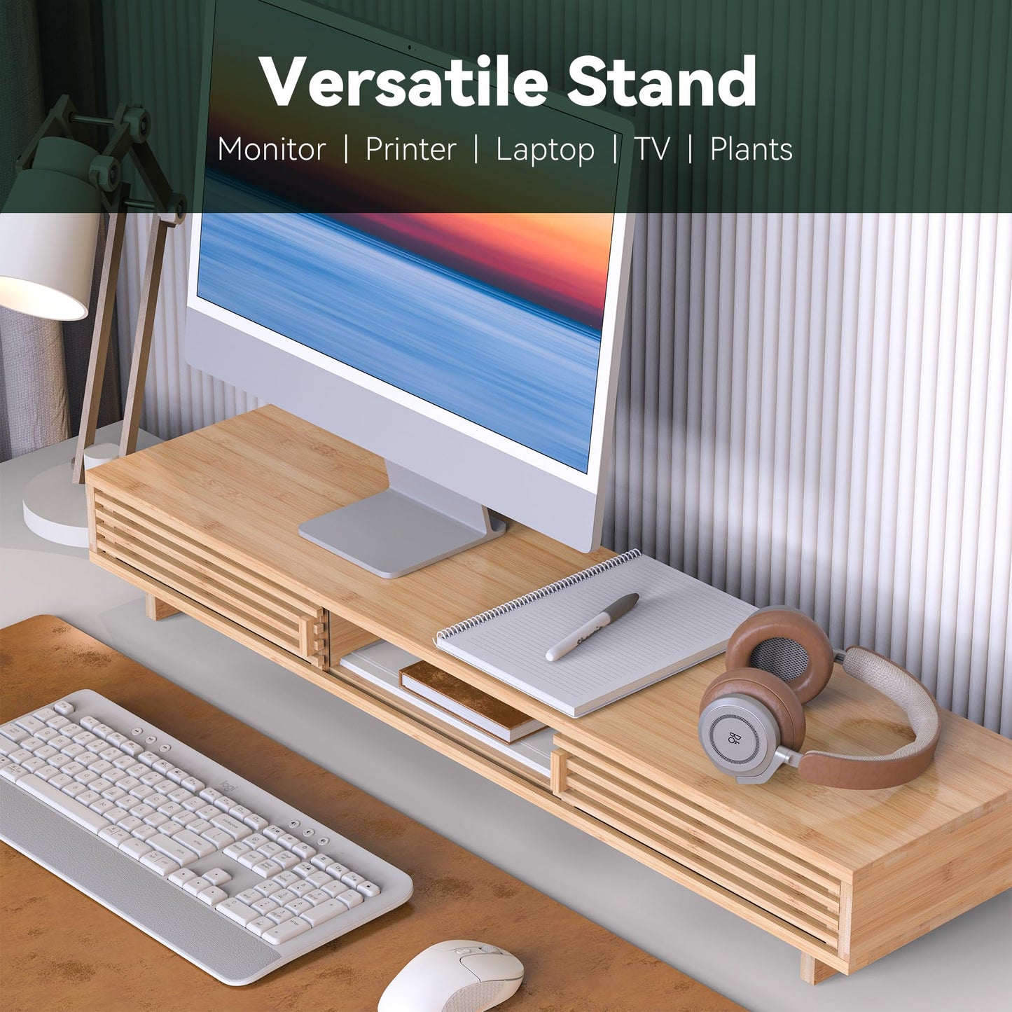 WELL WENG Dual Monitor Stand Riser with Sliding Door, Double Computer Laptop Stand Desk Shelf Organizer with Storage for 2 Monitors (Natural Bamboo