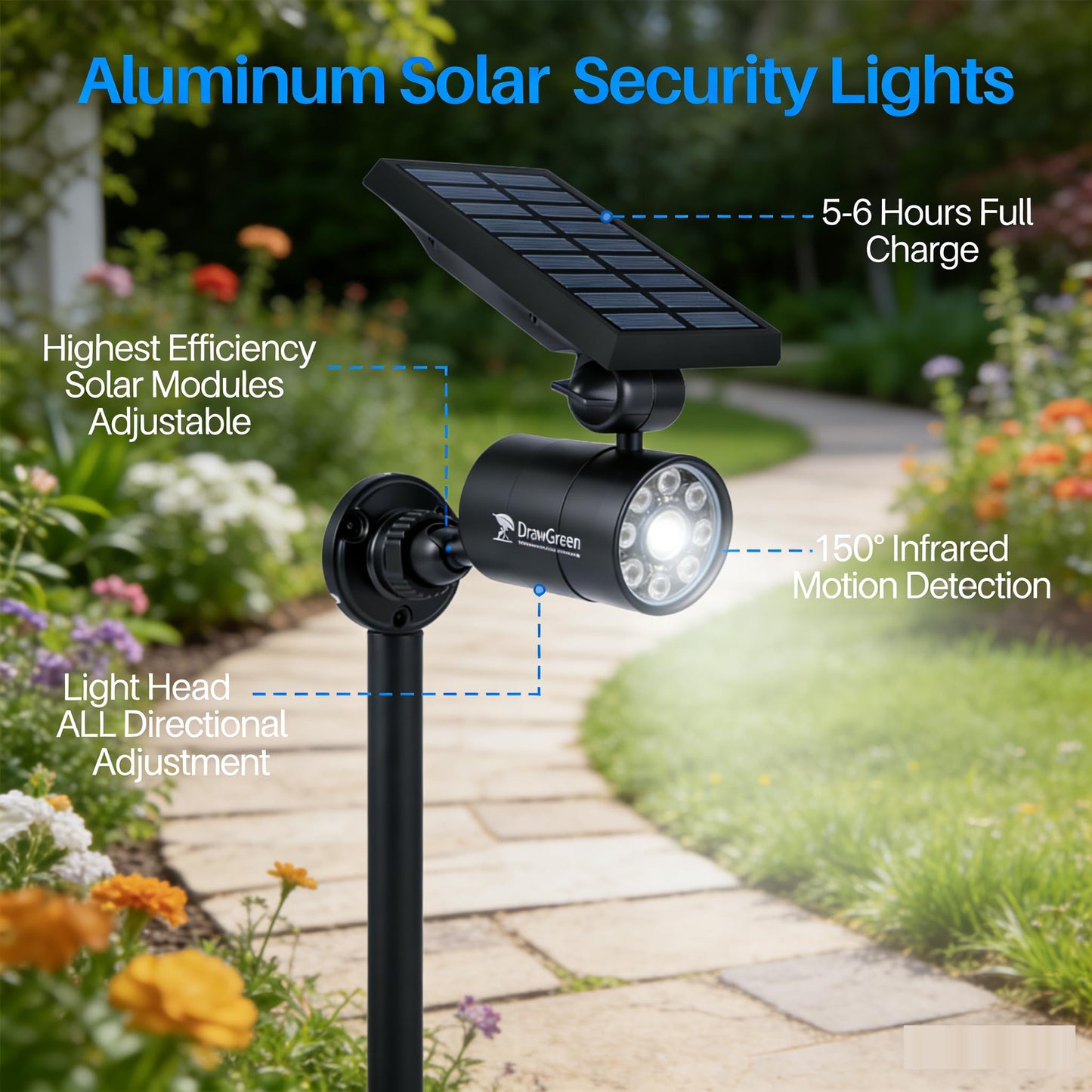 Solar Motion Lights for Outside Aluminum case(Not plastic), Outdoor Solar Flood Security Spot lights 1400LM 9W LED(130W Equ.) Garden Step Deck Patio