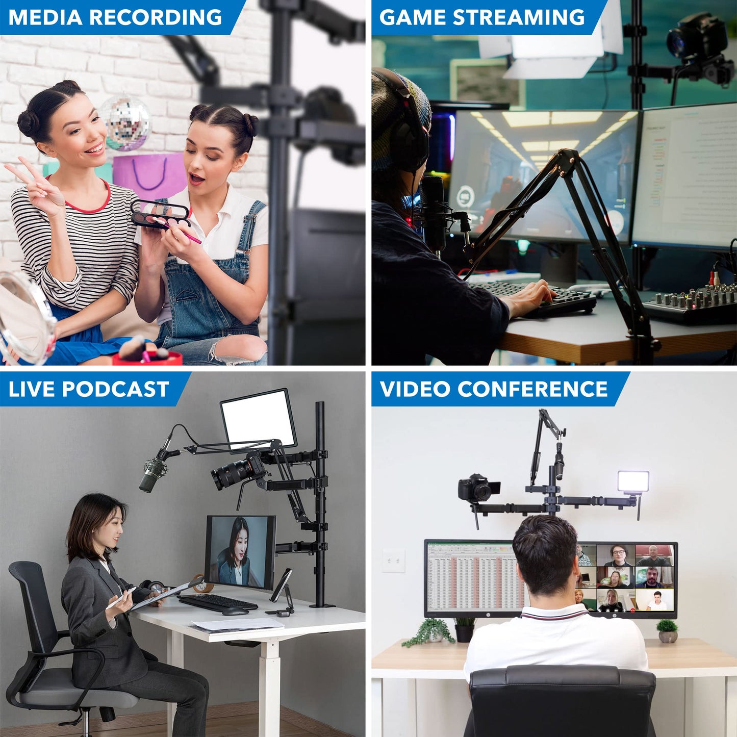 Mount-It! All in One Live Streaming Equipment - 5 Arm Desk Mount - Holds Dual Monitors, Cameras, Ring Light with Mic Desktop Stand Set, YouTube Setup