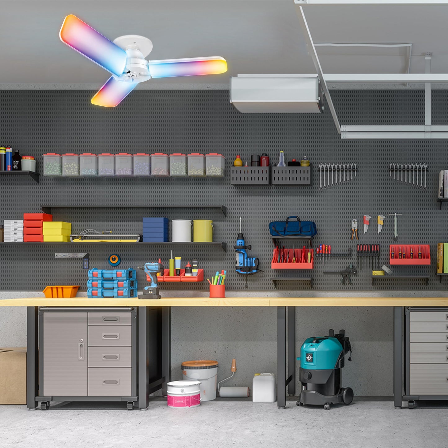 Feit Electric Smart LED Garage Light, 4000 Lumens RGBW Color Changing Deformable Panels, 2.4GHz WiFi App Control, Works with Alexa & Google, E26