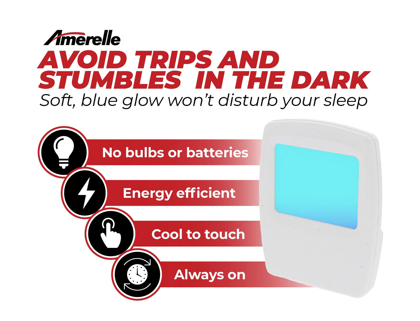 AMERELLE Always-On Blue Night Light, 4 Pack (71282) - Slim, Plug-in, LED Light with a Soft, Cool Blue Glow - Slim Suitable for Bedrooms, Bathrooms