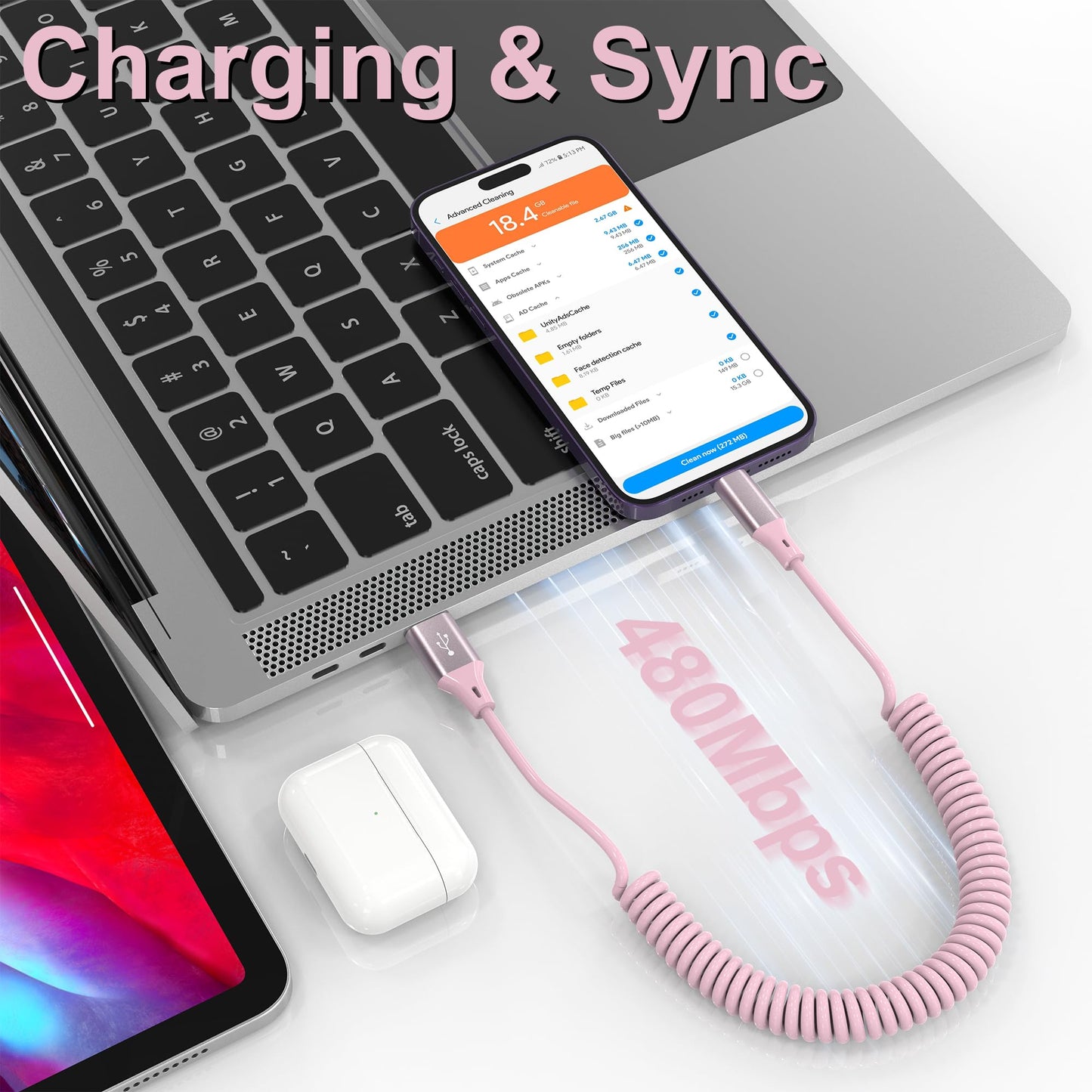 Coiled iPhone Charger Cord - 6Ft Lightning Cable for Apple CarPlay, Pink MFi Certified With Data Sync, Compatible With iPhone 14 13 12 11 Pro Max