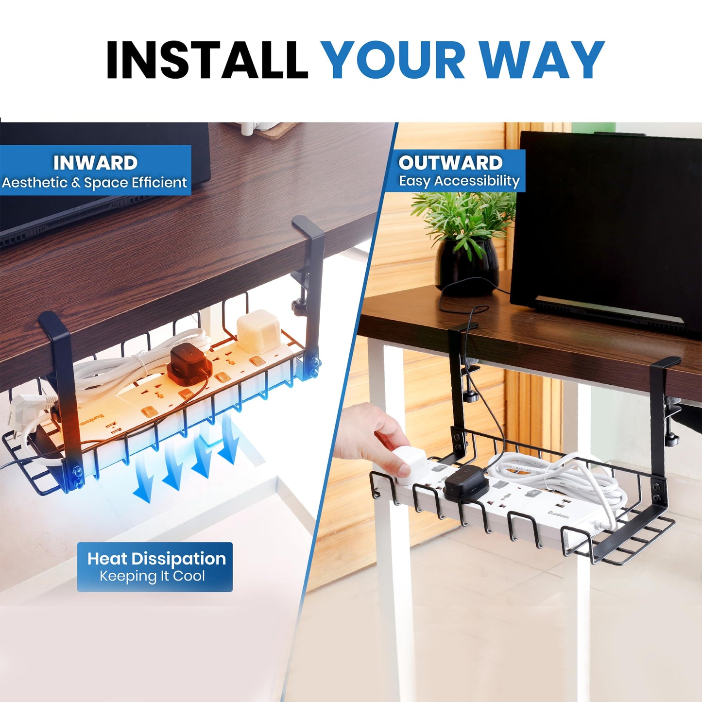 Under Desk Cable Management Tray, 16” No Drill Cord Organizer with Clamps for Wire Management, 4mm Sturdy Wire Desk Cable Organizer Tray, Cable