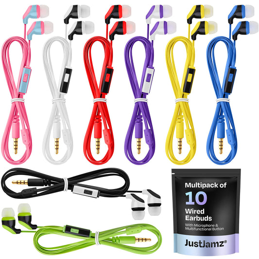JustJamz 10 Pack Wired Earbuds with Microphone, Bulk Earphones for Classroom, Office, or Travel, Noise Isolating Headphones with Clear Sound Quality…