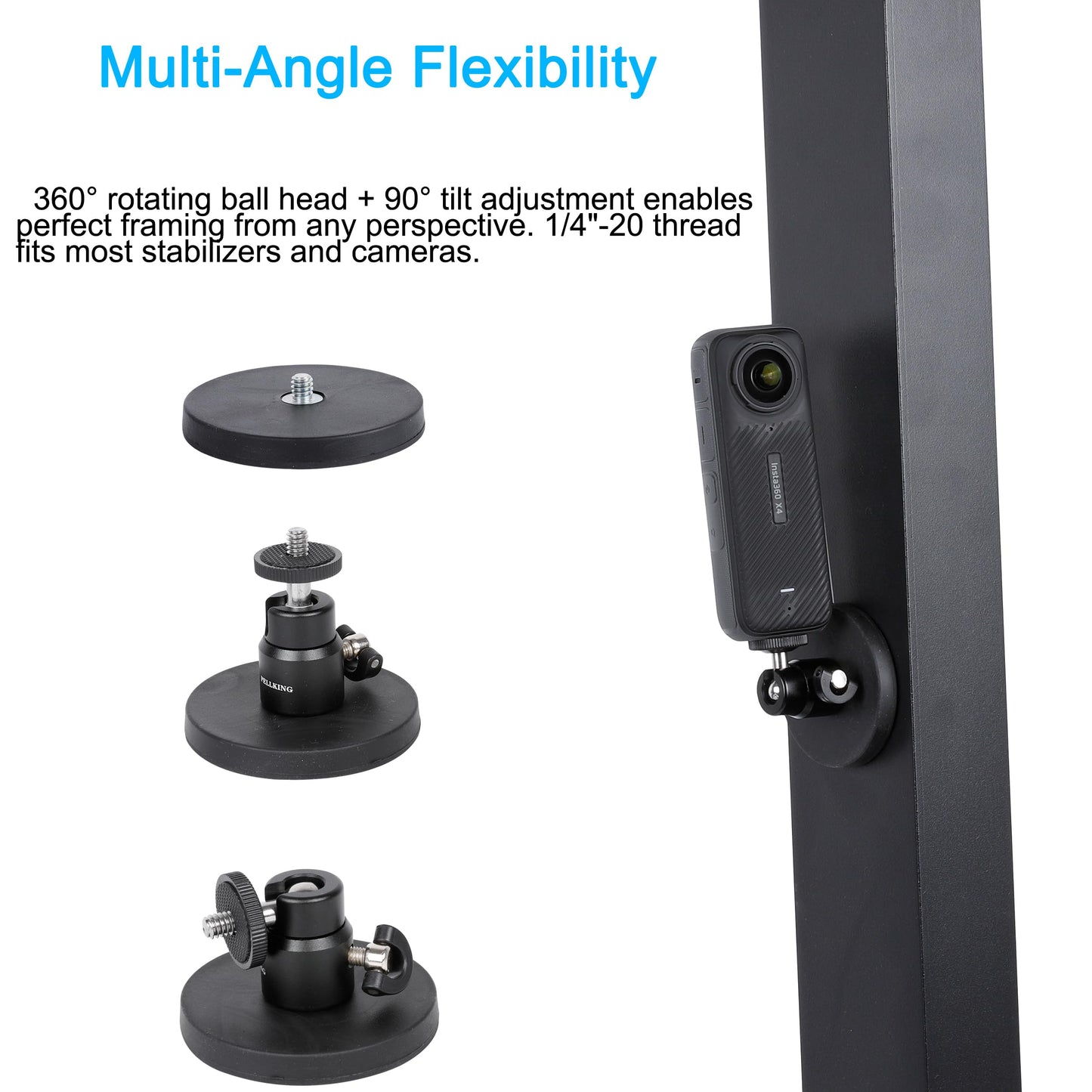 PellKing Magnetic Camera Mount for Insta360 X5 X4 X3-360° Adjustable Ball Head -Compatible with All Action Cameras on Cars, Boats, Metal Surfaces