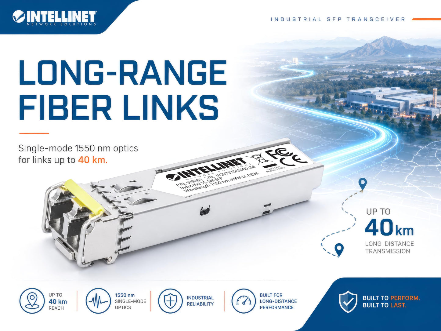 Intellinet Industrial 1000Base-EX SFP Transceiver, LC, 1550nm, 40KM / 25Mi.