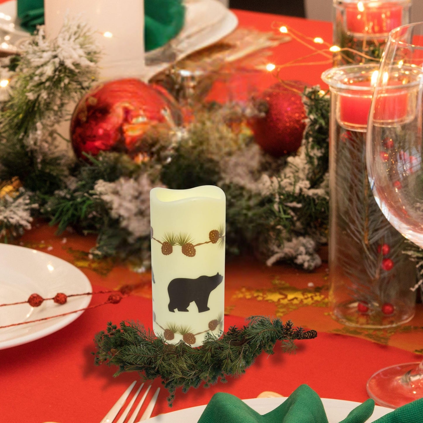 BestGiftEver Battery Operated Flameless Candle with Bear and Pinecone Design - Decorative LED Candle Light for Rustic Decor and Holiday Decorations