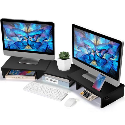 La Jaco Dual Monitor Stand Riser for 2 Monitors, Monitor Stand for Desk, Adjustable Length & Swivel Angle Wooden Desktop Organizer Stand Riser