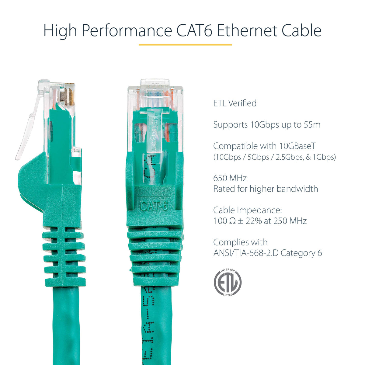 StarTech 100ft CAT6 Cable - Green CAT6 Ethernet Cable - Gigabit Ethernet Wire - 250Mhz 100W PoE RJ45 UTP CAT 6 Network Patch Cord Snagless