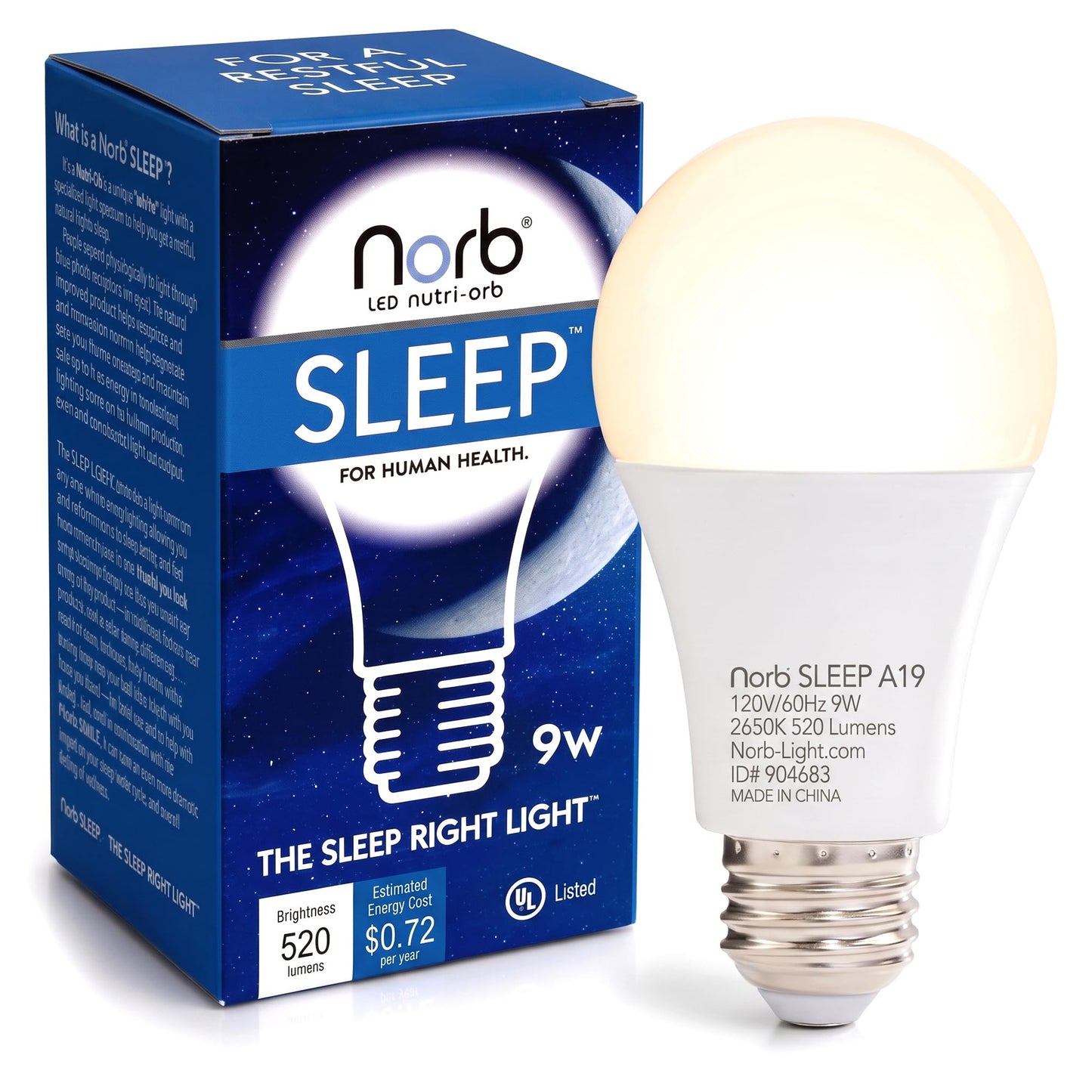 NorbSLEEP Low-Blue Sleep Light Bulb | Circadian Rhythm Light Bulb & Melatonin-Boosting Nighttime LED | A19 9W 520 Lumens | 2650K Warm White, CRI 97