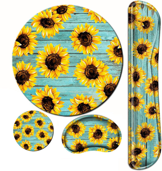 Sunflower Mouse Pad and Keyboard Wrist Rest Ergonomic Wrist pad for Keyboard and Mouse Mat Set 4 in 1 Mousepad with Wrist Support Memory Foam Computer