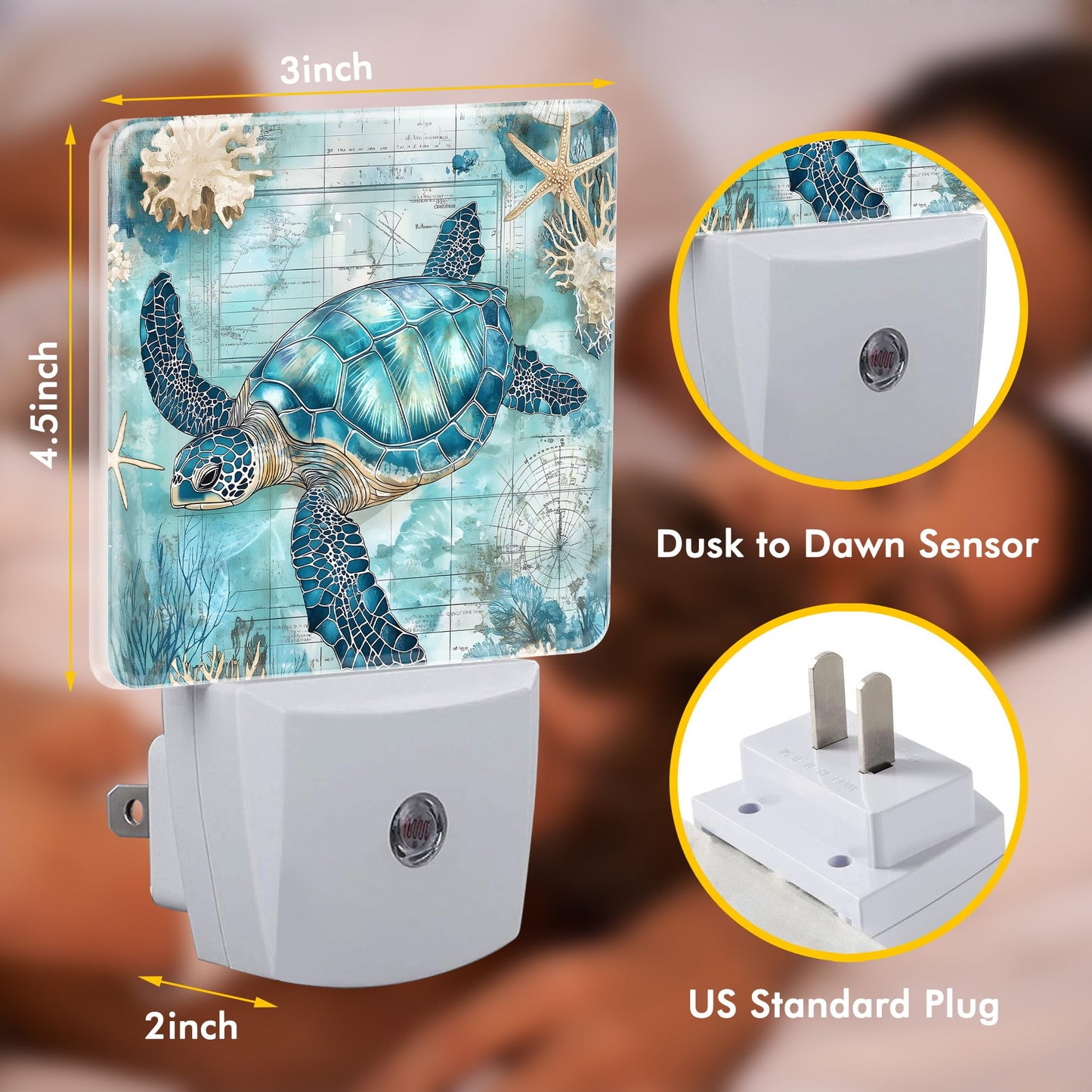 BLYKVGHQ Sea Turtle Blue Ocean Starfish Night Light,Plug into Wall with Dusk to Dawn Light Sensors,LED Nightlights