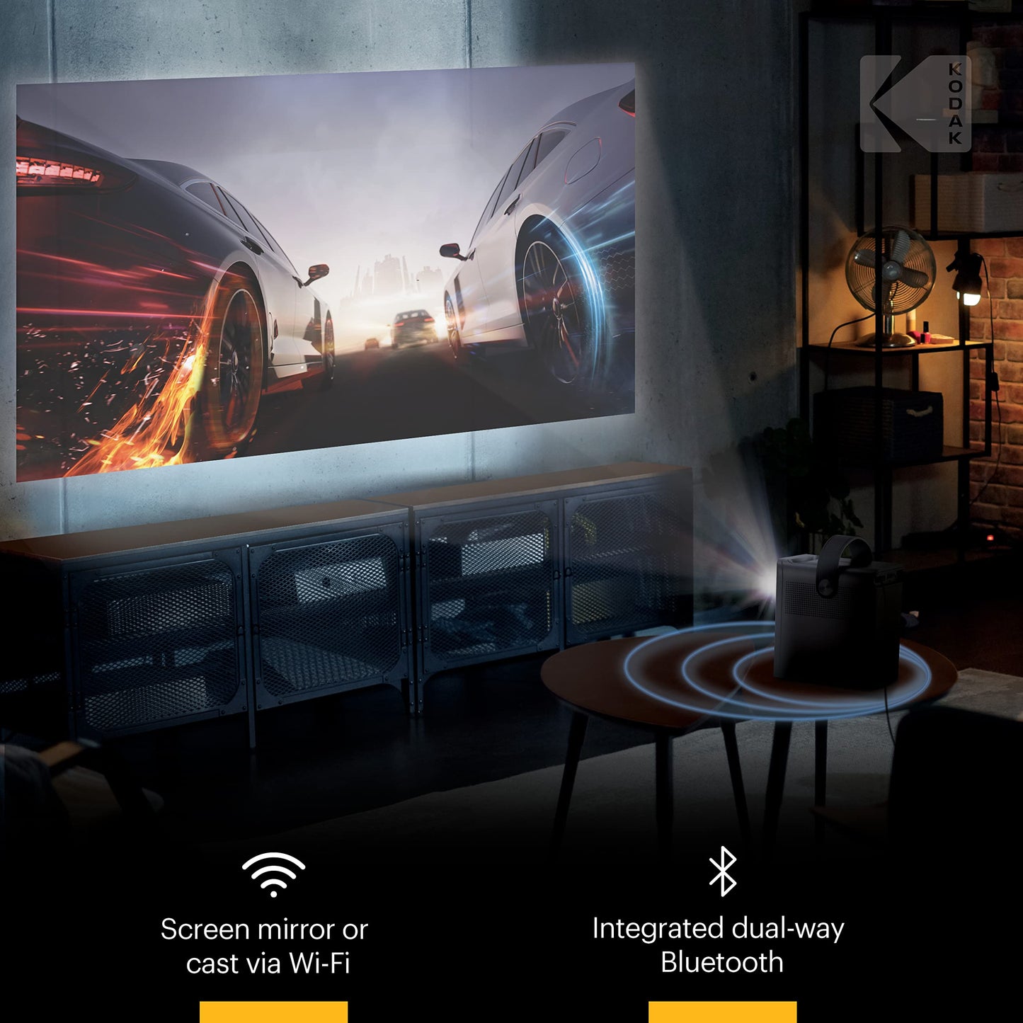 KODAK FLIK HD9 Smart Projector | Mini Black Portable Indoor & Outdoor Movie with Android TV Streaming Apps, Wi-Fi and Bluetooth, Built-In Speakers