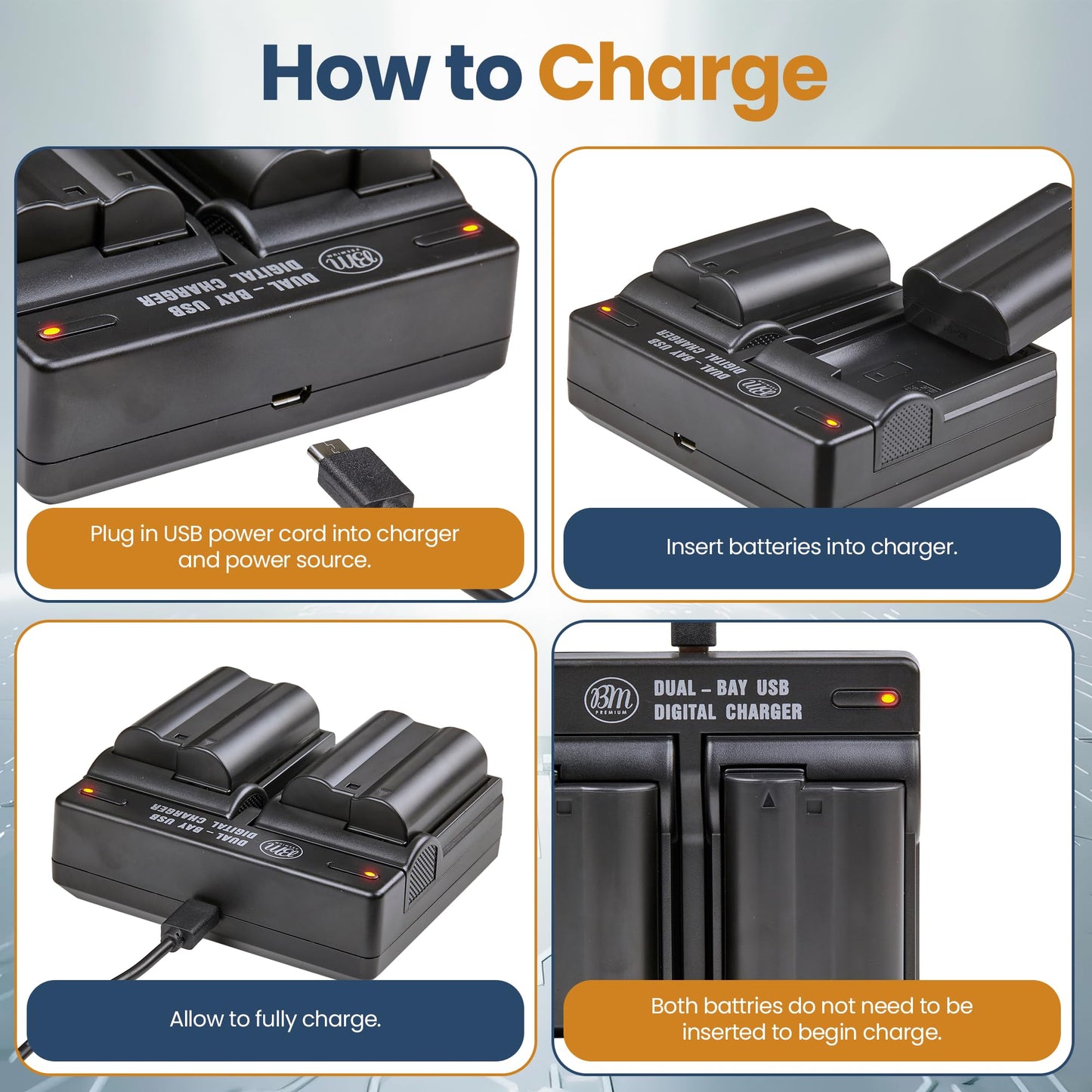 BM Premium 2 Pack of EN-EL15B Batteries and Dual Battery Charger for Nikon Z6, Z7, D780, D850, D7500, 1 V1, D500, D600, D610, D750, D800, D800E, D810