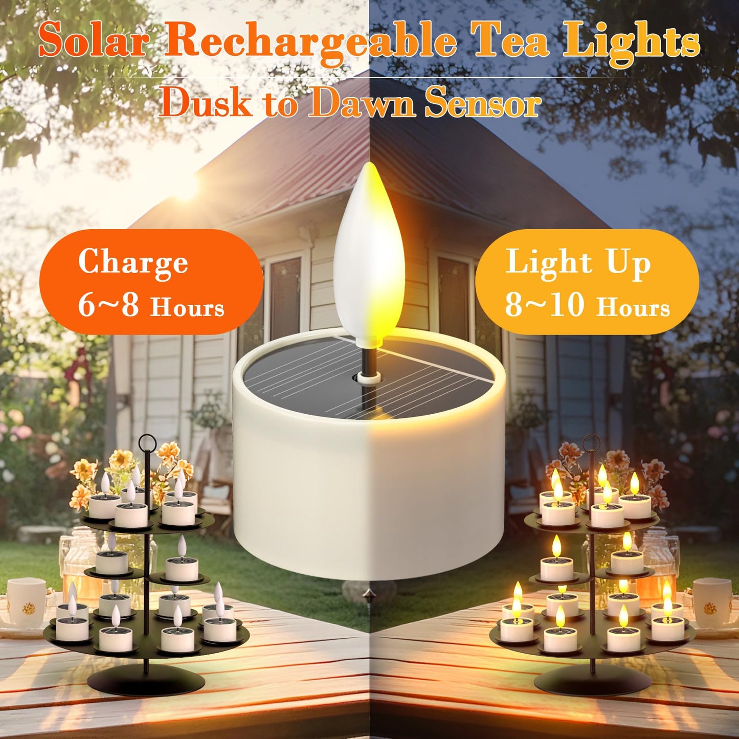 Yme Solar Tea Lights Outdoor Waterproof, 6 Pack Small Rechargeable Flameless LED Flickering Solar Candles with Dusk to Dawn Sensor, Votive Lights